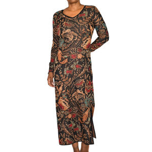 Peruvian Connection Floral Dress Black Tapestry Jacquard Long Sleeves Long Small
